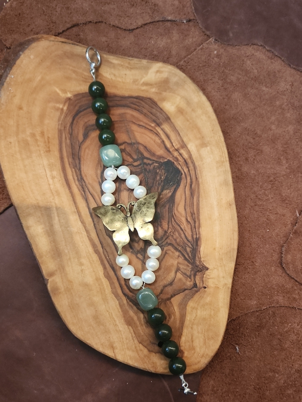 Handmade Green Stone Bead & Pearl Bracelet with Butterfly Accent